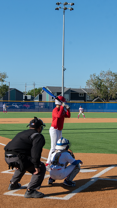 A baseball player in a red jersey stands poised to bat, with a catcher and umpire crouched behind. The sunny field is bordered by a fence and houses.
