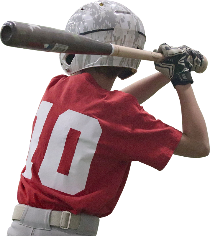 A young baseball player in a red jersey with number 10, holding a bat poised to swing. Wearing a gray patterned helmet and gloves, against a black background.