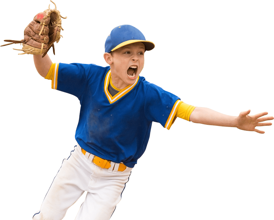 Young baseball player in a blue and yellow uniform, passionately shouting with arms outstretched, holding a glove, set against a black background.